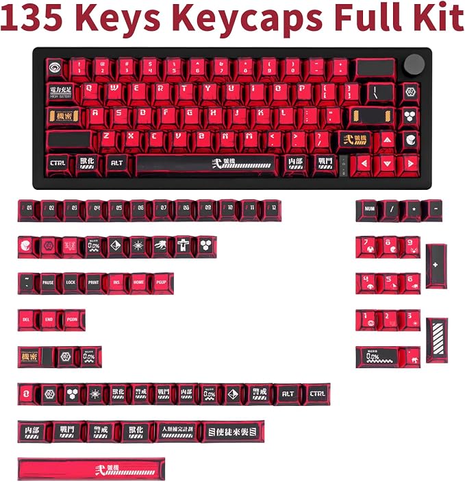 Red and Black PBT Keycaps Set 135 Keys Cherry Profile Manga Japanese Style Keycaps Cherry Mx Gaming Keyboard Keycap Set for ANSI Layout Mechanical Keyboard