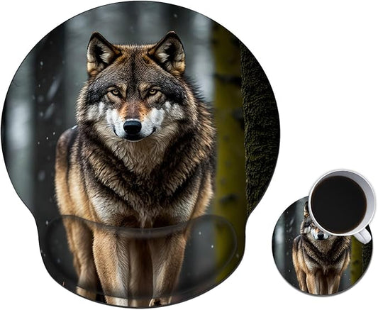 Mouse Pad with Wrist Support Gel, Ergonomic Mouse Pad with Comfortable Wrist Rest, Gaming Mousepad Non-Slip PU Base for Laptop Office Easy Typing & Pain Relief,Wolves Howling Wild