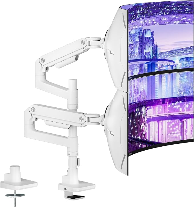 Dual Monitor Arm Desk Mount for 17-49 Inch Monitors, White | Heavy Duty Monitor Mount Stacked Monitor Arm Desk Holds 44 lbs