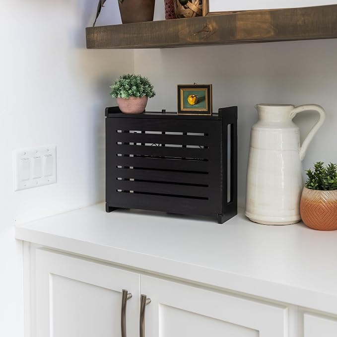 WiFi Router Storage Cabinet Router Box Hider WiFi Box Hider Shelf Cover | Standard • Pine Wood • Black Finish • Seamless Side Panel Design • Fits Routers Up To 11" • Wall Mount Or Desktop Placement