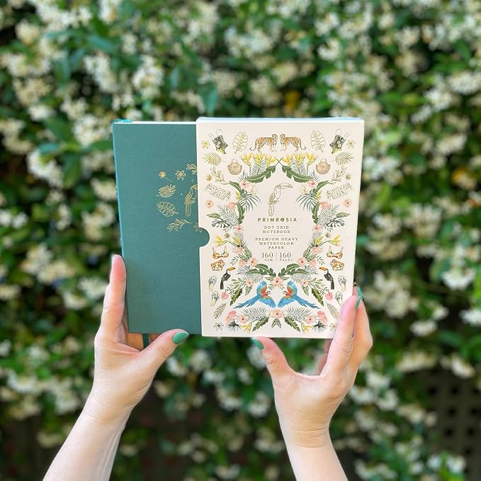 Primrosia A5 Dot Grid Watercolor Journal Notebook – 160 pages I 160gsm Premium Heavy Paper, No Bleed – Luxe Linen Hard Cover with Cute Deer Slip Cover (Toucan Summer)