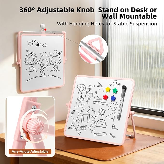 Colorful Dry Erase White Board 11x11in, Magnetic Desktop Board with Stand, 2 Markers (Eraser Head), 4 Magnets - Double-Sided Easel for Daily Planning, Office/Home/School (Pink)