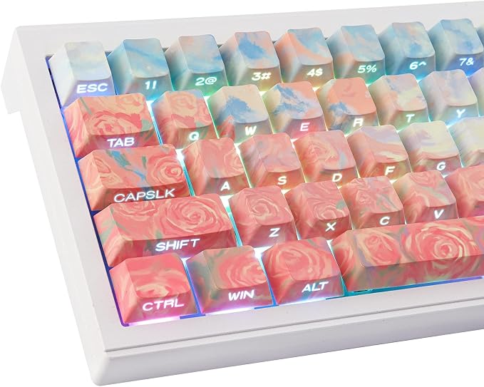 Tsungup Rose Pastel Keycaps,Side Print Custom Keyboard Keycap Set | Cherry Profile，135 Keys，Shine Through，PBT Keycaps for 60%65%75%100% Cherry Gateron MX Switches Mechanical Keyboard