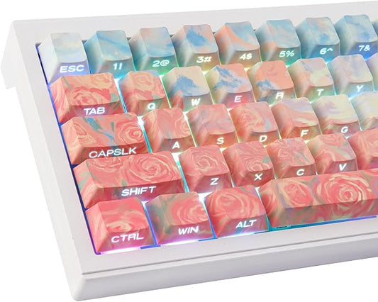 Tsungup Rose Pastel Keycaps,Side Print Custom Keyboard Keycap Set | Cherry Profile，135 Keys，Shine Through，PBT Keycaps for 60%65%75%100% Cherry Gateron MX Switches Mechanical Keyboard