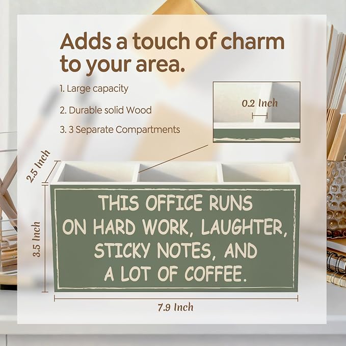 Funny Office Pen Pencil Holder for Desk | Office Humor and Coworker Gifts for Women Men, Green Wood Desk Organizer for Office Tabletop