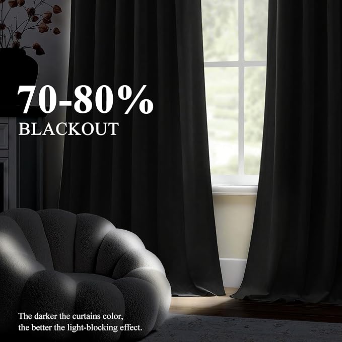 108 Inch Extra Long Blackout Velvet Curtains for Bedroom Living Room, Thermal Insulated Room Darkening Curtain Super Soft Luxury Window Drapes, Back Tab & Rod Pocket, W52 x L108, Black, 2 Panels