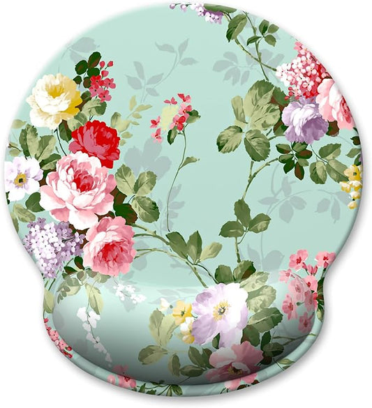 Ergonomic Mouse Pad with Wrist Support, Floral Memory Foam Wrist Rest Mouse Pads, Cute Computer Laptop Office Accessories Decor, Pain Relief Mousepad for Gaming Work Women Girls, Green Flower