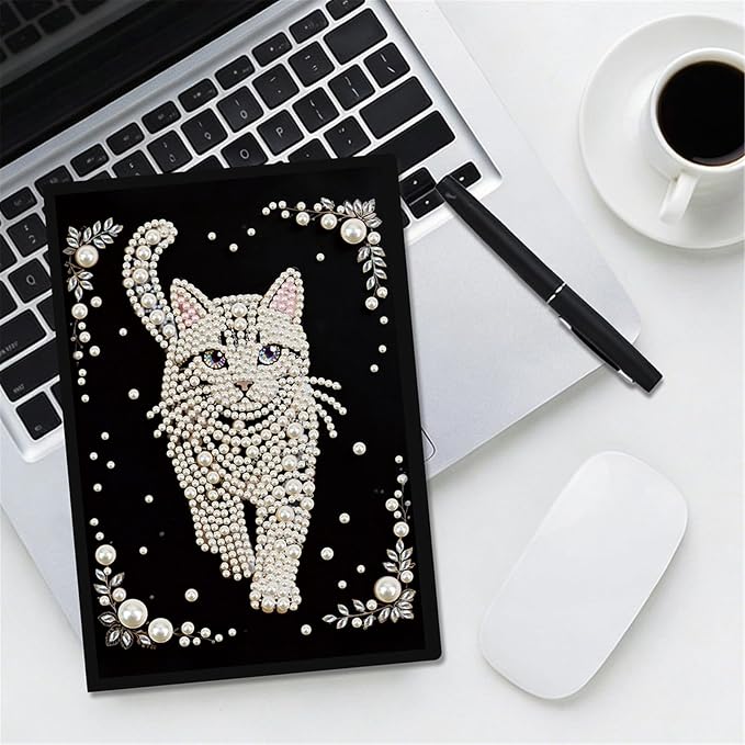 FRANDEK Pearl Painting Notebook Kit, Cute Cat A5 DIY Journal with 50 Blank Pages, Diamond Gem Art Cover with Waterproof Canvas, Beginner Craft Set with Full Tools for Adults