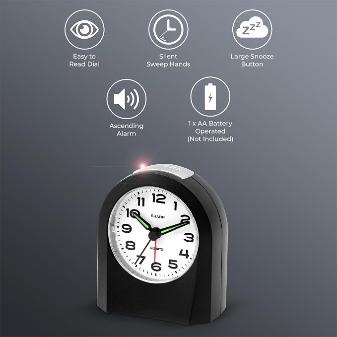 Sharp Battery-Powered Analog Alarm Clock, Silent Sweep, Snooze and Light | Silent no-tick movement; Ascending beep alarm; Gentle wake; Snooze; On-demand light; Compact size; Battery operated; Black