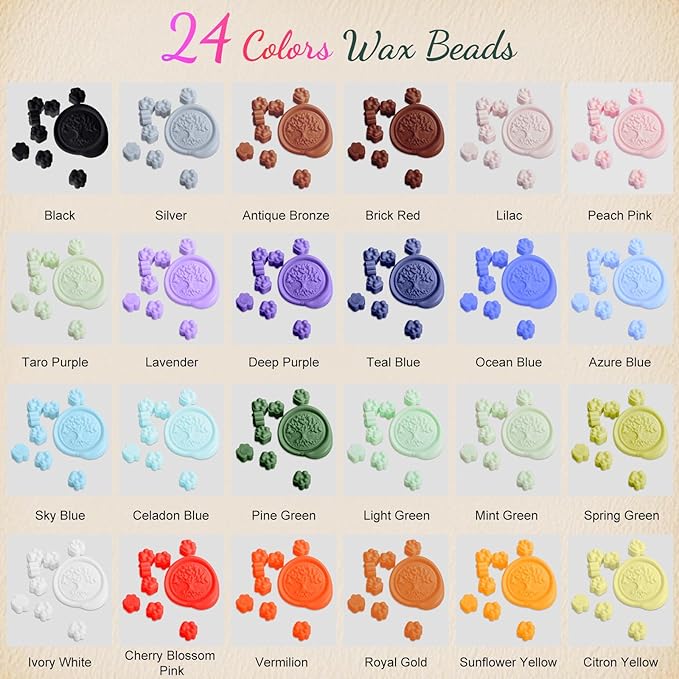 Numola Wax Seal Kit with Gift Box, 24 Colors 600 Pcs Cat-paw Beads, 10 Stamps with Storage Box, 2 Retro Handle, Metal Warmer, Vintage Envelopes, Metallic Pen, Candles, for Gifts and Decorating