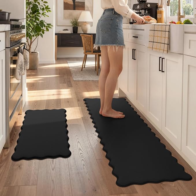 KIMODE Scalloped Kitchen Mats for Floor Cushioned Anti Fatigue,Black Carpet | Wavy Kitchen Sink Rugs Sets of 2 Non Slip,Comfort Memory Foam Kitchen Floor Mat for Office Laundry,Dormitory,Bath,Bedroom