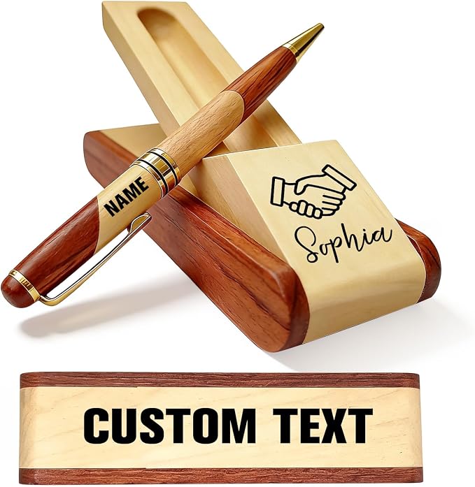 Custom Wooden Ballpoint Pen Set Customized with Name Text Logo Personalized Wood Pens Set with Engravable Wood Gift Box for Men Women Boss Colleague Friend (customized pen)