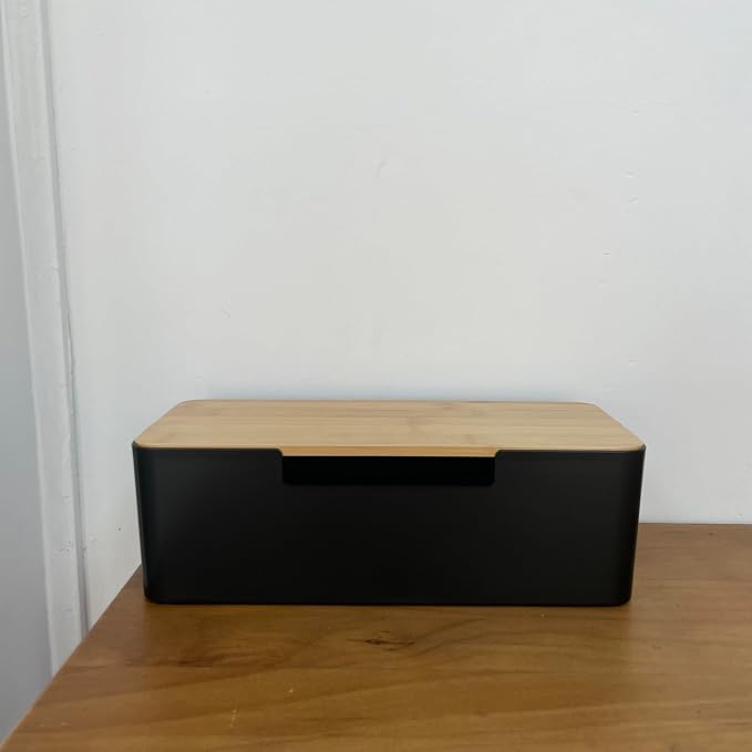 ABS Cord Organizer Box with Wooden Lid, Cable Management Box for Power Strips or Surge Protectors, Desk Cable Tidy Box for Office Home(Black)