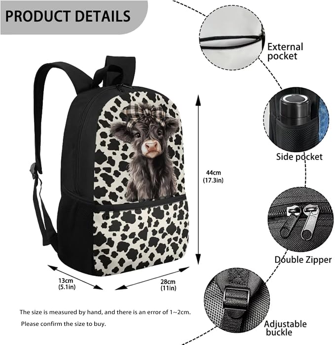 WELLFLYHOM Kids Highland Cow Book Bags for Girls 6 Years Old, 4 Pcs Set | Girls 7-8 Cow Print School Backpack Elementary Dayback Insulated Lunch Box Pencil Case Water Bottle Holder
