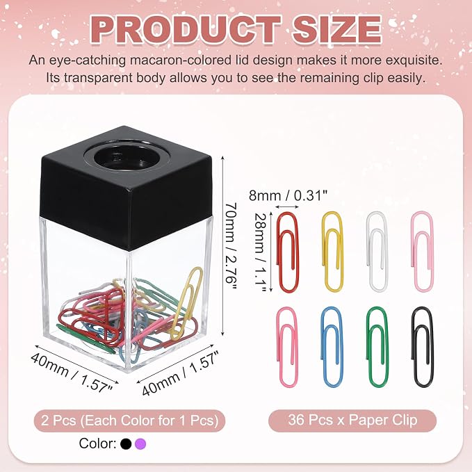 PATIKIL Magnetic Paper Clip Holder Dispenser, 2Pcs Large Capacity Paper Clip Organizers with Magnetic Top for Desk Supplies, Office, Classroom, Home, Pink/Black(36Pcs, Multicolor Clip)