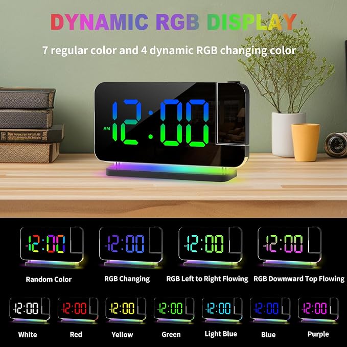 Projection Alarm Clock for Bedroom Ceiling,RGB Digital Clocks Radio with | 10 Colors RGB Night Light,Loud Alarm Clock for Heavy Sleepers,USB C Charger Port,Snooze,12/24H,Auto Dimming