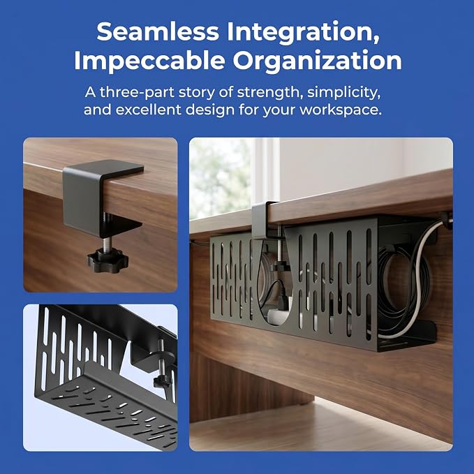 Under Desk Cable Management Tray, Cord Organizer for Desk Cable Management Tray Under Desk with Clamp for Home Office, Standing Desk (2Pack Black)