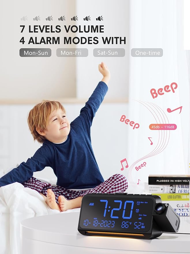 Mesqool Projection Alarm Clock Ceiling Display, with Temperature, Humidity | Dual Alarms, 5-Level Dimmer, Date, Night Light, Weekday/Weekend Mode, 12/24H, DST, , Snooze, 180° Rotatable, for Bedroom