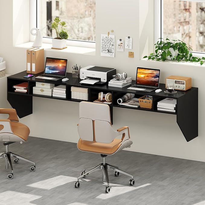 Giantex Wall-Mounted Computer Desk, Floating Laptop Desk with 3 Storage Compartments, Space-Saving Home Office Workstation Vanity Table for Bedroom, Study, Living Room (Black)