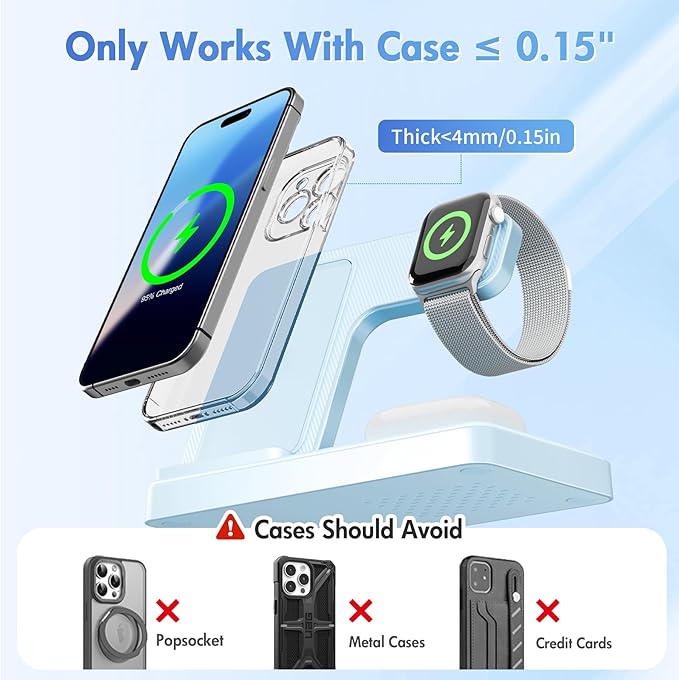 Wireless Charging Station for Apple Devices: 3 in 1 Foldable Qi Compact Case-Friendly Charger Stand for iPhone 17-12 & Apple Watch & AirPods Charging Dock for Travel Home Office Desk Nightstand (Blue)