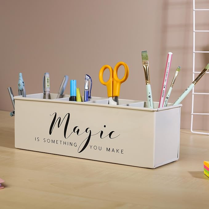 dudki Desk organizer with 4 compartments for office table | stylish Metal Desk Organizer | Stationary Storage | Pencil Holder for Office, Home, and Study Table (Magic) Beige