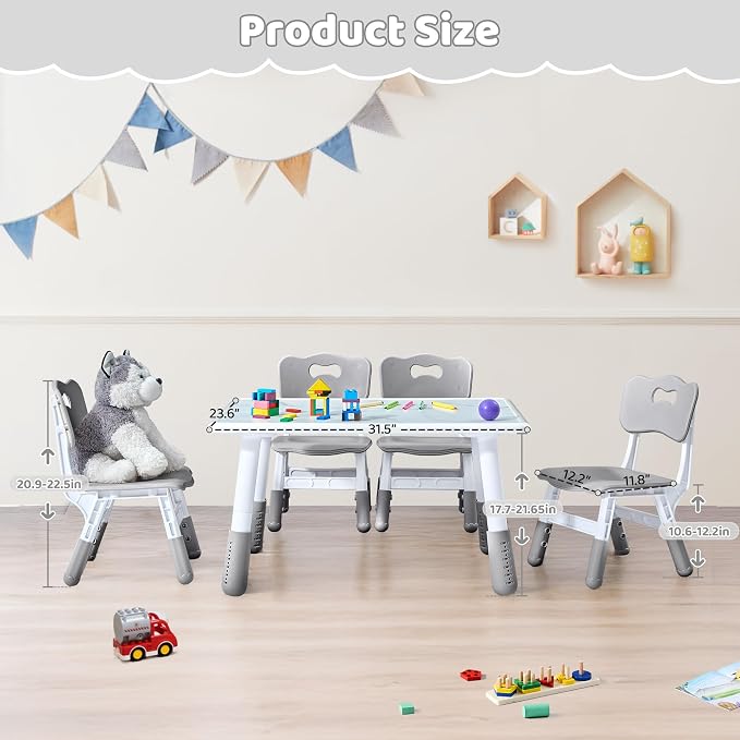 DOREROOM Toddler Table and 4 Chairs Set, Marble Top, No-Screw Legs, Grey | Graffiti Desktop, 31.5"L x 23.6"W, Frameless, Kids Ages 3-8, FSC-certified, Children Activity for Daycare, Classroom, Home
