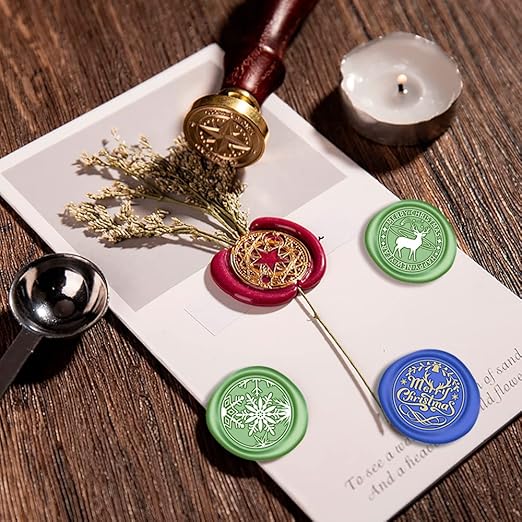 Christmas Wax Seal Stamp Hot Stamping Gift Box Set, 6 Pcs Sealing Wax Stamps Copper Seals 1 Wooden Hilt, Wax Stamp Kit for Cards Envelopes, Gift Packaging (Christmas Series)