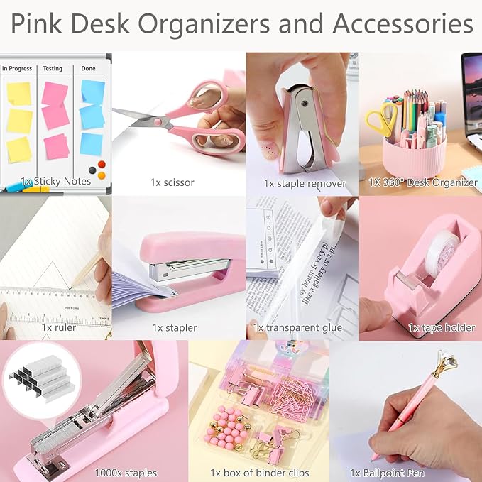 Office Supplies,School Supplies,Pink Desk Accessories,Desk Organizer,Scissors,Stapler,Tape Dispenser,Binder Clips,Staples,Staple Remover,Sticky Notes,Clear Tape,Pen,Ruler,Best Gift,11pcs