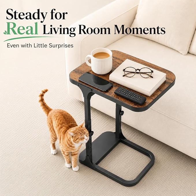 Kitstorack Ultra Stable & Durable End Table, Ajustable Height C Shaped Side Table for Couch, Sofa Side Table with Thickened Metal Frame for Living Room, Bedroom, Rustic