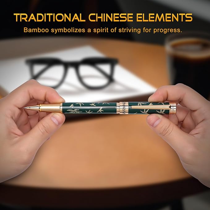 ZHKUVE Luxury Rollerball Pen,Stunning Green Lacquer with bamboo leaf patterns,Switzerland Tip with Black Ink Refills, Elegant Gift Set For Men & Women, Executive Writing, Nice Fancy