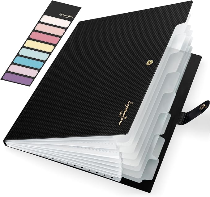 Sooez Accordion File Organizer 8 Pocket, Expanding File Folder with Labels, Folders for Document, Portable Paper Bill Receipt Organizer for Home School Office College Supplies, Letter A4 Size, Black