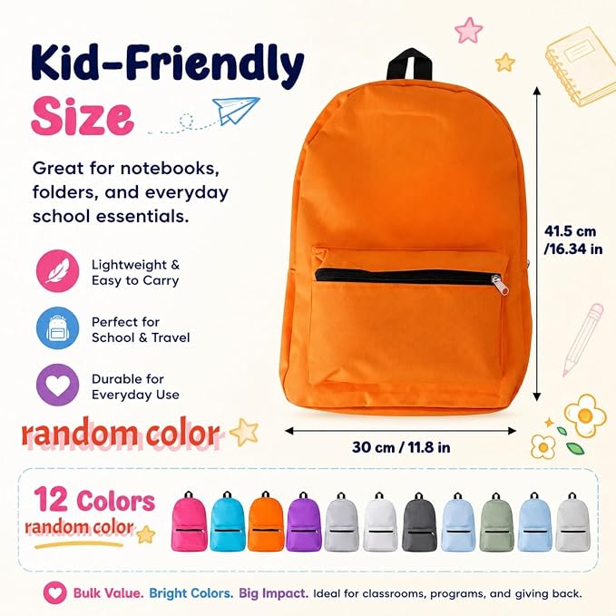 PJT 12 Pack Backpacks for Kids,17" Assorted Colors Bulk Back Packs,Bookbags Durable Lightweight for Back to School Supplies Boys & Girls