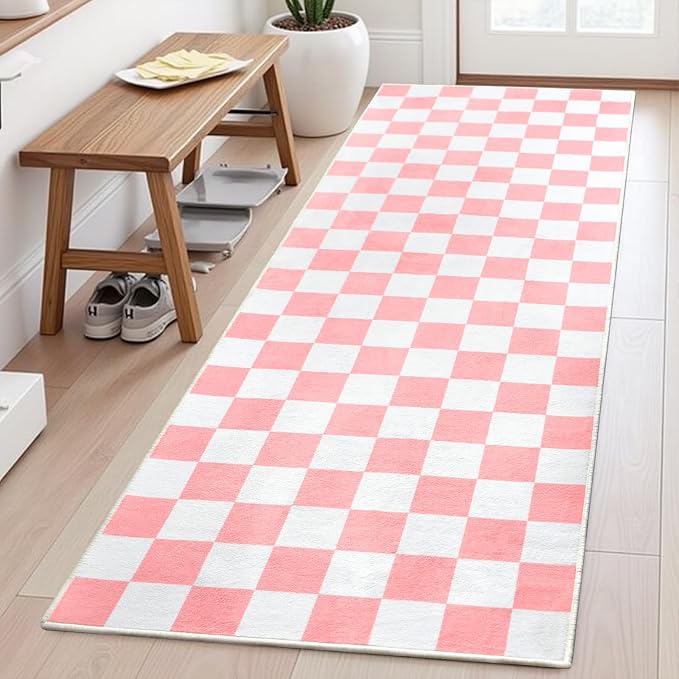 Terrug Pink and White Checkered Area Rug for Kitchen,2x6 Runner Rugs Washable with Non Slip for Bedroom,Soft Low Pile Stain Resistance Retro Carpet for Entryway Hallway