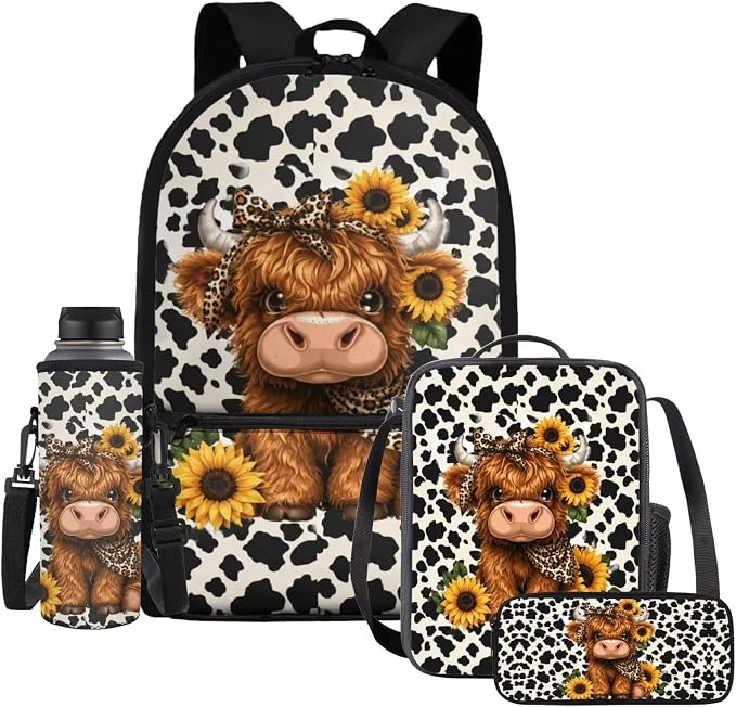 WELLFLYHOM Girls Highland Cow Elementary Backpack 4 Pcs Cow Print Book Bag | Kids Sunflower School Bag with Lunch Box Pencil Pouch Water Bottle Sleeve Daypack Set for School Sport Travel