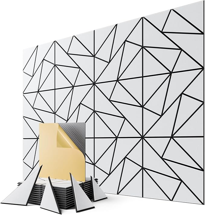 12-Pack Felt Acoustic Panels,12"x12"x0.4" Soundproof Wall Panels, Peel & Stick Sound Proof Foam Panels for Walls, Geometric Noise Reduction Panels for Home Office,Studio (White on Black)