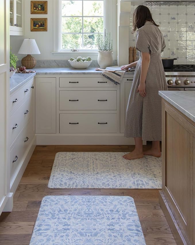 House of Noa Nama Standing Mat – Anti-Fatigue Cushioned Kitchen Mats for Floor | Ergonomic Bounce-Back Foam Kitchen Mats | Anti-Fatigue Mats for Kitchen & Standing | Emile Porcelain Blue | 22" x 72"