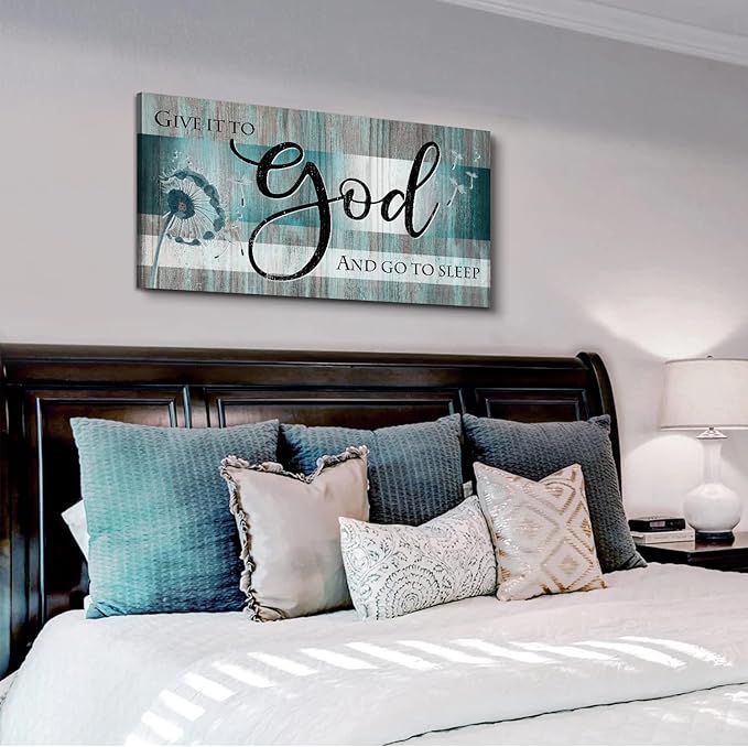 Give It to God and Go to Sleep Sign Bedroom Wall Decor 20x40" Christian Bible Verse Wall Art Above Bed Wall Decor Teal Farmhouse Faith Quote Canvas Painting for Living Room Master Bedroom Decoration