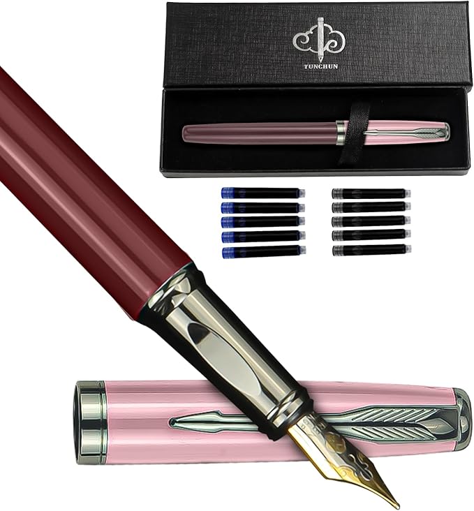 YUNCHUN Fountain Pens Set for Writing, Fancy Medium Nib Ink Pens of Morandi Color with 5 Black and 5 Blue Refills Cartridges, Best Pen Gift Set for Men & Women, Office Professional Pen for Work, Pink