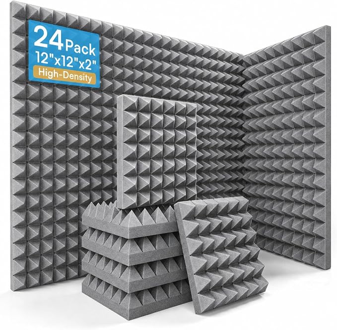 24 Pack Pyramid Acoustic Foam Panels, 12" x 12" x 2", Gray | Flame-Retardant, 30 kg/m³ High Density, 2" Thick, Pyramid Design, Non-Adhesive