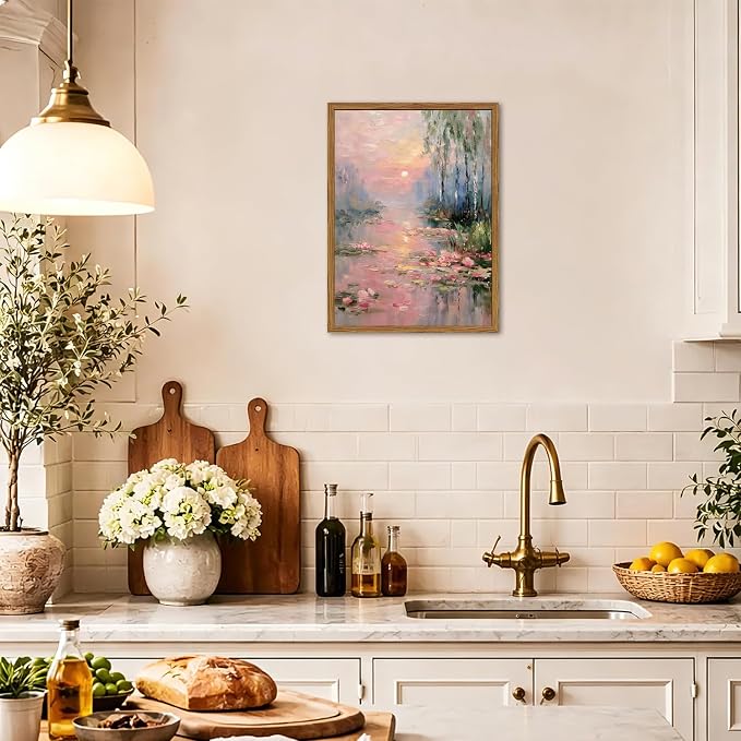 Framed Vintage Monet Canvas Wall Art, Pink Water Lilies Floral Pictures Wall Decor, Impressionist Sunset Landscape Paintings Prints Nature Aesthetic Artwork for Living Room Bedroom 16x24 inch