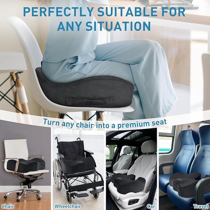 BlissTrends Extra Thick Seat Cushion for Office Chair & Car Seat,Grey | Tailbone & Sciatica Relief, Ergonomic Support, High-Density Memory Foam, Comfort for Extended Sitting