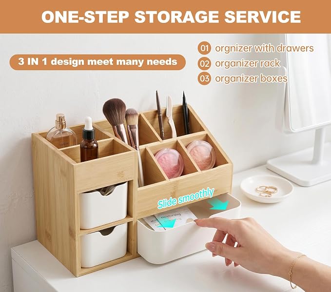 Bamboo Desktop Organizer with 3 Drawers, Drawer Tabletop Storage Organization Box for Home/Office, 3-Tier Makeup Vanity Organizer for Dresser Countertop, Detachable Divider