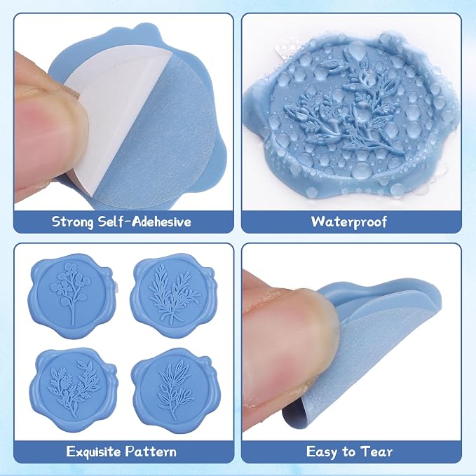 60Pcs Wax Seal Stickers, Wedding Invitation Envelope Seal Stickers Adhesive Backed Dusty Blue for Baby Shower, Wedding, Party, Gift Wrapping (4 Leaf Styles)