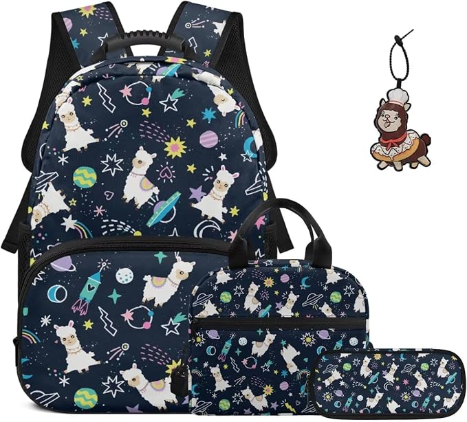 ZFRXIGN Planet Alpaca Teen Girls Backpack for School with Cute Pendant 17inch Middle High School Bag and Insulated Lunch Box Portable Pencil Case Blue Bagpack Set