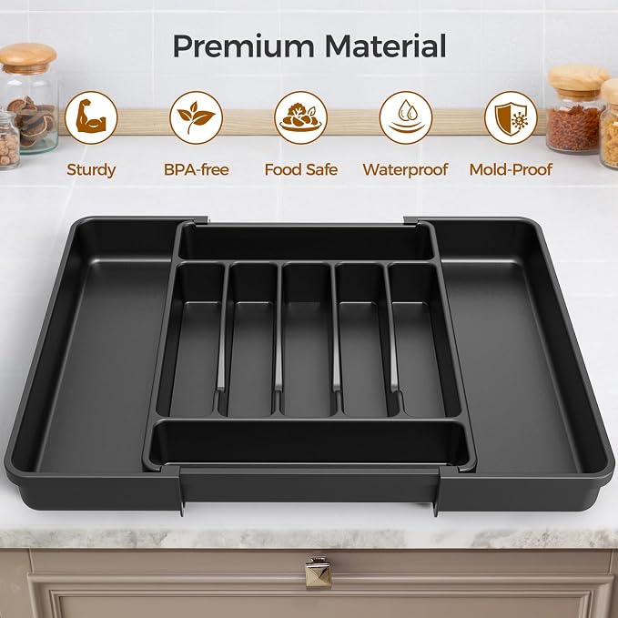 ukeetap Extra Large Expandable Silverware Organizer, BPA-Free Food-Safe Cutlery Flatware Organizer, Kitchen Utensil Drawer Organizer, Adjustable Silverware Holder for Spoons Forks Knives, Black