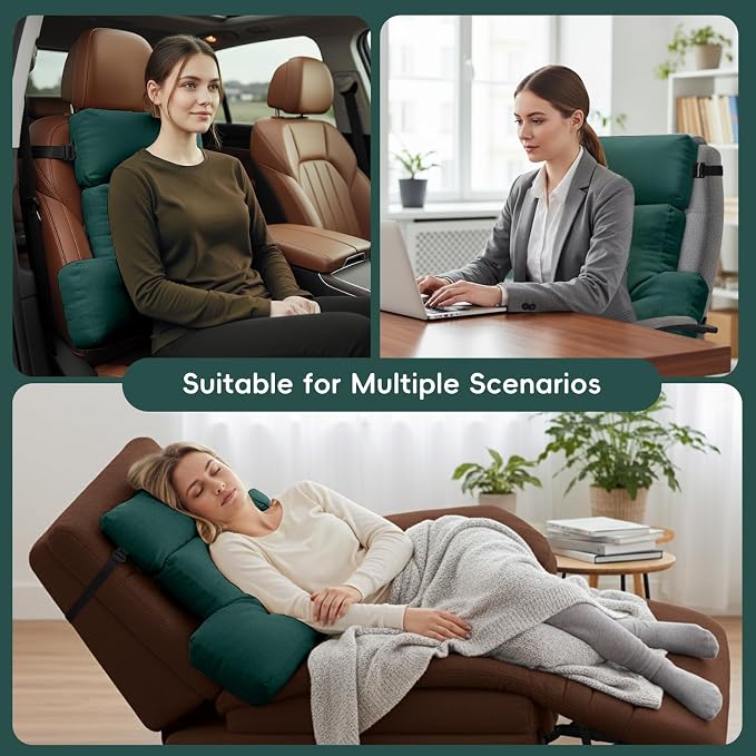 2-Piece Neck Pillow Lumbar Support Cushion for Recliner, Ergonomic High-Density Foam Backrest with Adjustable Headrest, Soft Comfy Back Support for Office Chair, Sofa, Couch, Pain Relief (Green)