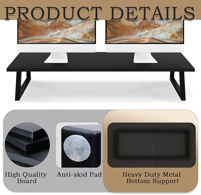 TEAMIX 31.5 inch Dual Monitor Stand Riser, TV Riser, Black Desk Organizer | For 2 Monitors/Laptop/Printer, Long Computer Stand, Wood & Steel, Holds 150 lbs, PS5/Keyboard Storage, For Home Office Gaming