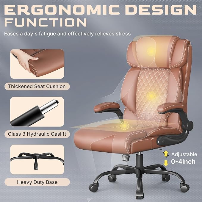 Office Chair-Executive High Back Breathable Comfy Desk Chair with Flip-up Armrests Lumbar Support-Ergonomic Leather Rolling Swivel Chair with Rock Function for Working,2 Pack
