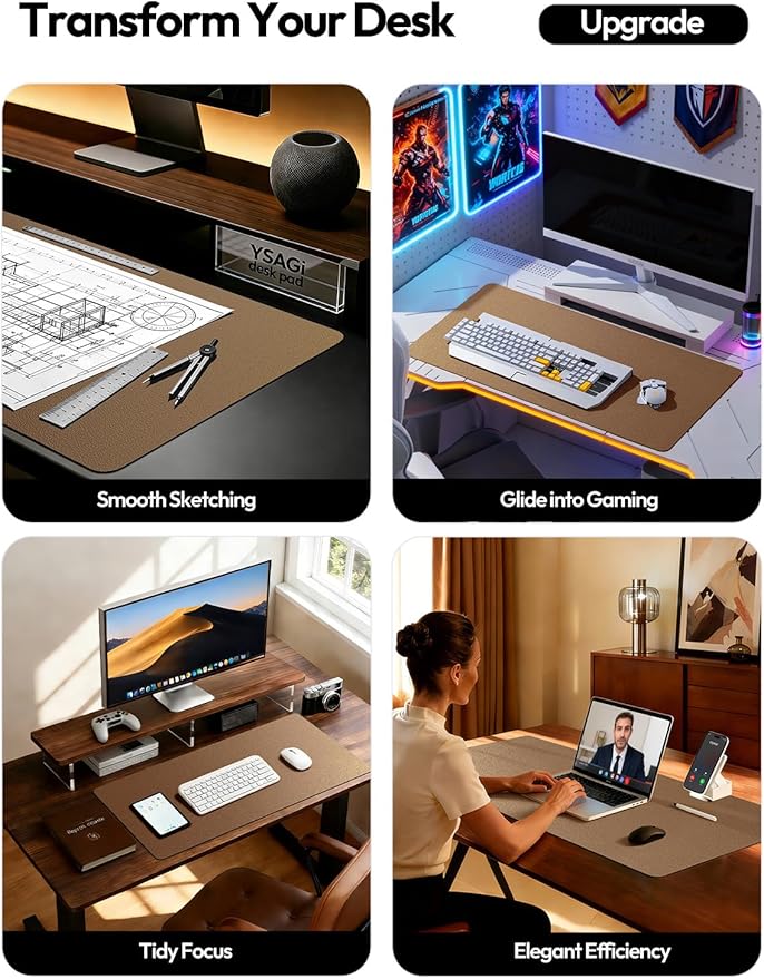 YSAGi Leather Desk Protector, Office Mat, Large Mouse Mat, Non-Slip PU Leather Blotter, Laptop Desk Mat, Waterproof Writing Pad for Office and Home(Shiny Bronze, 63" x 24")