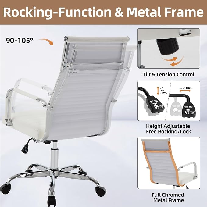 Office Chair, Ergonomic Executive Conference Room Chairs, Ribbed Leather Desk Chair with Lumbar Support, Adjustable Height Mid-Back Swivel Chair with Padded Seat